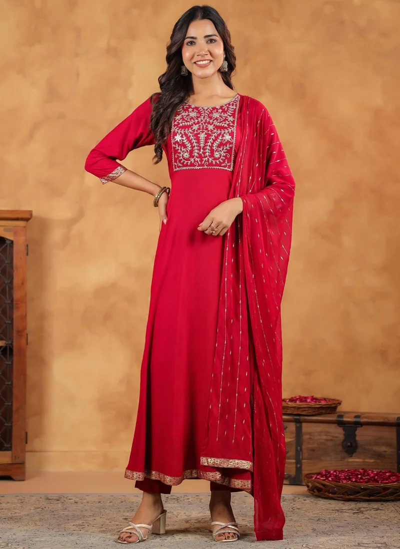 ZERESOUQ Pink Rayon Fit & Flare Embroidered 3-Piece Kurta Set